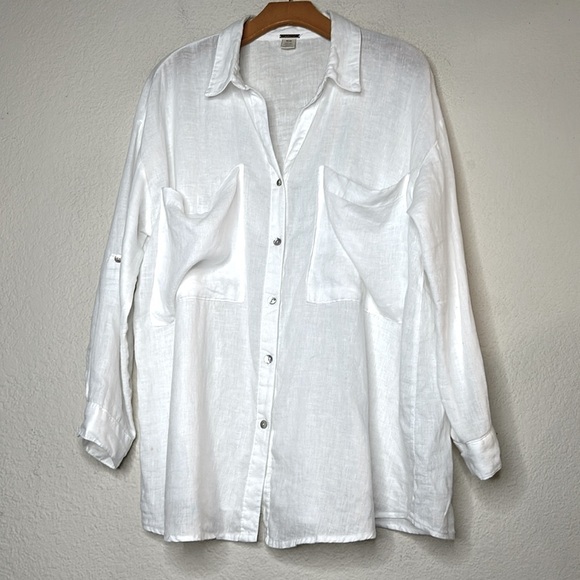 Magaschoni 100% Linen Oversized Roll Tab Sleeve Collared Button Up Top White MED - Picture 4 of 9